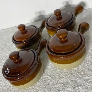 Vintage Brown Ceramic Clay French Onion Soup Crocks Bowls with Lids x4